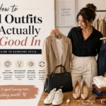 Woman selecting stylish wardrobe essentials, including a blazer and jeans, surrounded by versatile clothing and accessories, illustrating a practical guide to building everyday outfits with confidence and personal style.