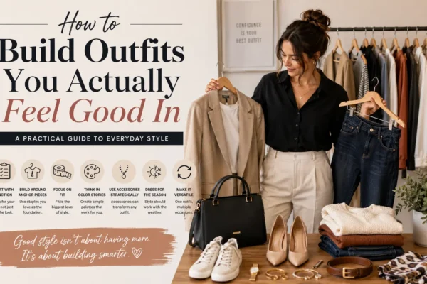 Woman selecting stylish wardrobe essentials, including a blazer and jeans, surrounded by versatile clothing and accessories, illustrating a practical guide to building everyday outfits with confidence and personal style.
