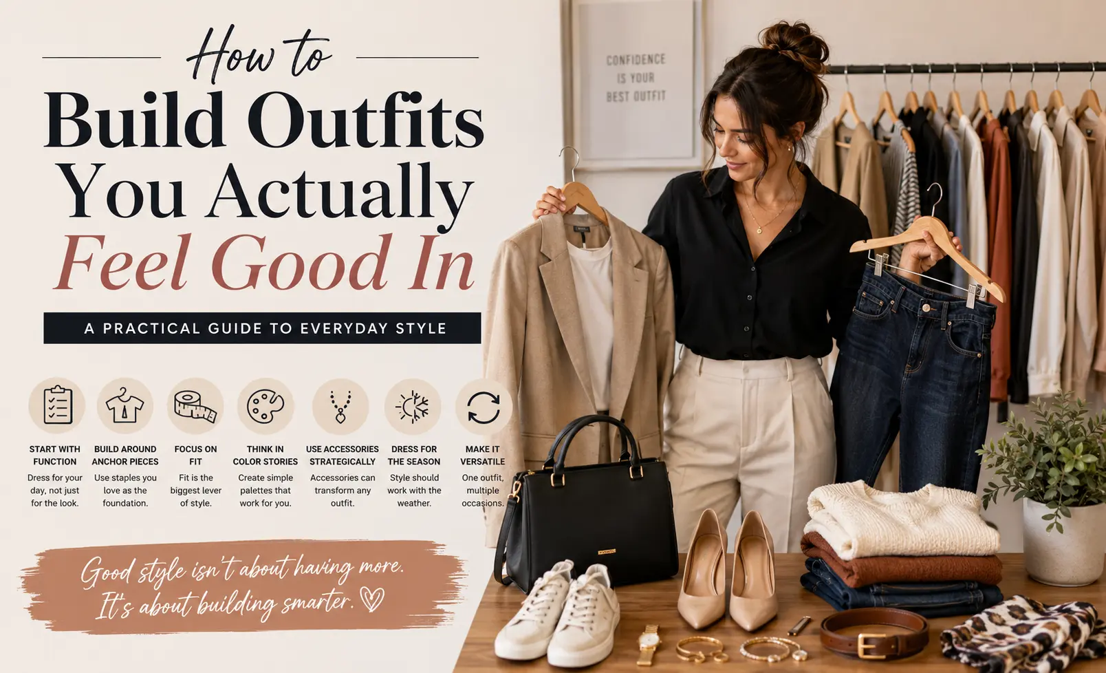 Woman selecting stylish wardrobe essentials, including a blazer and jeans, surrounded by versatile clothing and accessories, illustrating a practical guide to building everyday outfits with confidence and personal style.